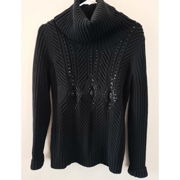 TALBOTS Cowl Neck Cable Knit Sweater SEQUIN Accents Black Dressy Medium - Picture 1 of 10